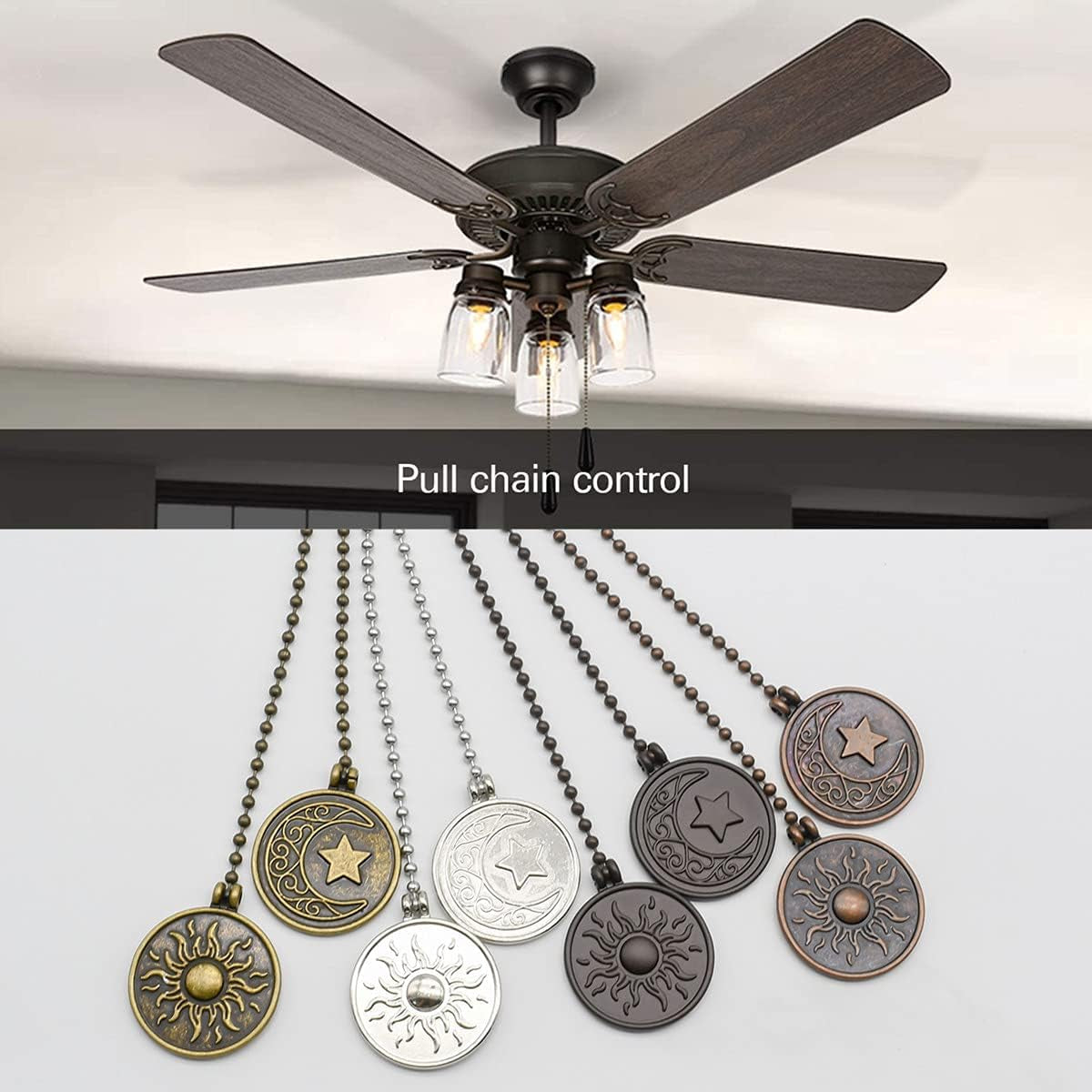 Ceiling Fan Light Pull Chain Set Decorative Fan Pull Chain Pendant Extension, Lighting & Fan Beaded Ball Fan Pull Chain Extender with Connector, Moon & Sun (Nickel) 1Pack